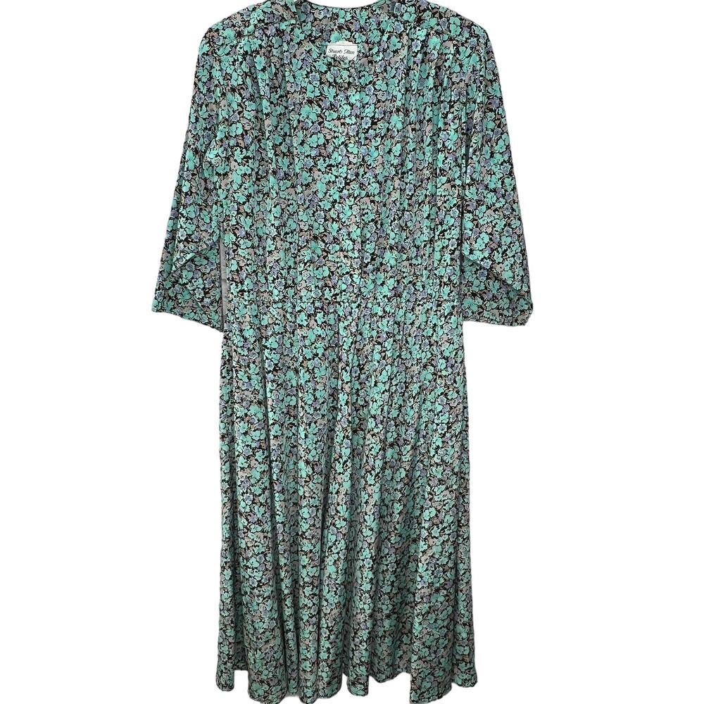 Vintage Stuart Alan Petites A-Line Midi Dress Teal Black Floral Size 15/16